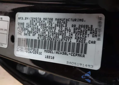 2002 Toyota Camry Le/Xle/Se from USA, damaged, VIN 4T1BE32K02U107471